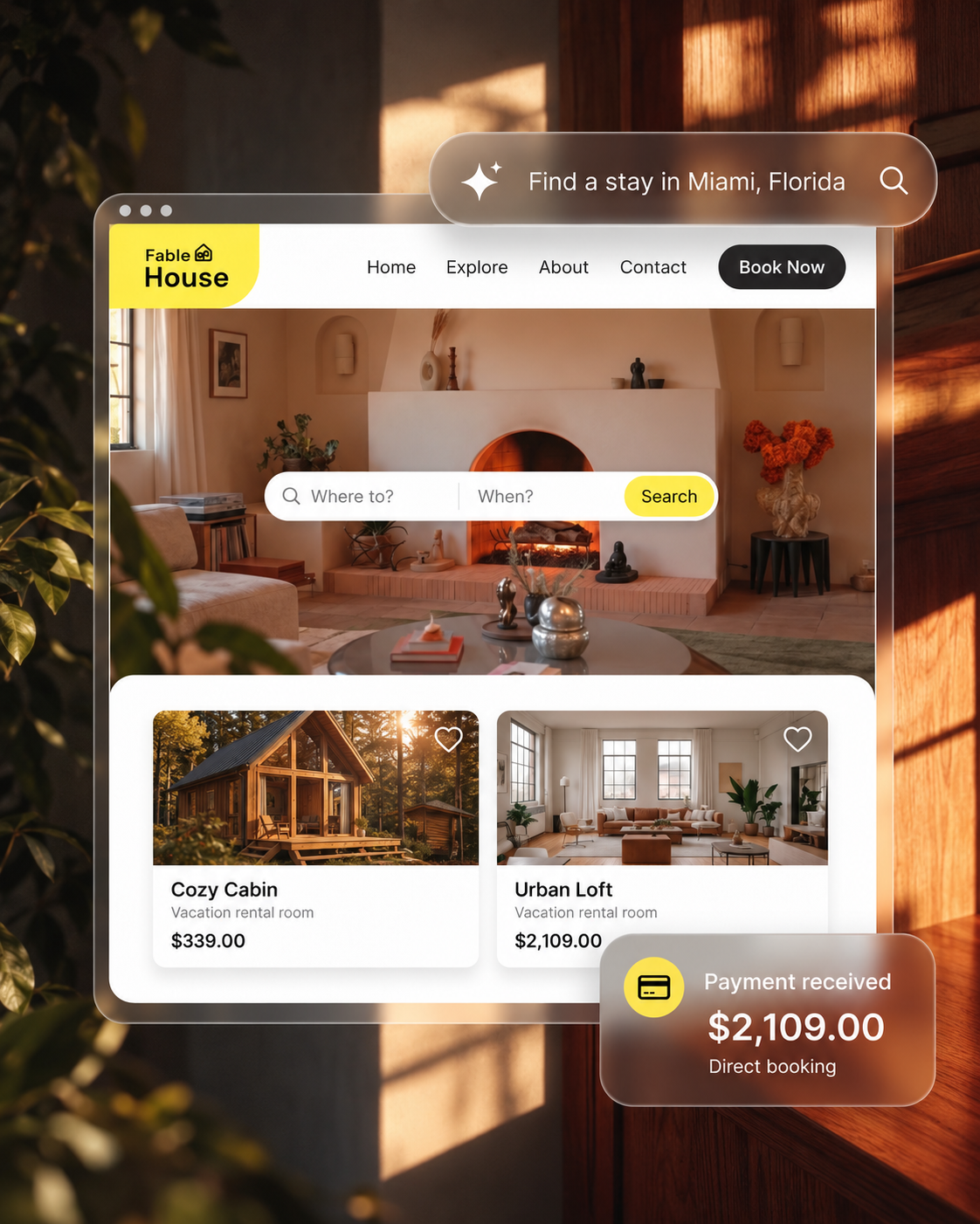 Vacation rental booking website with a returning guest profile and payment received